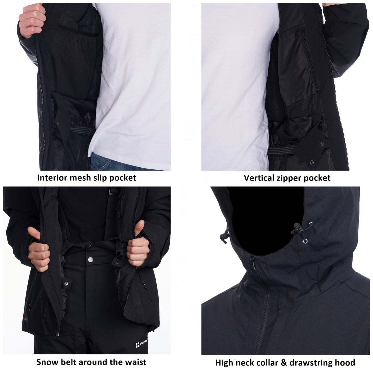 Alpine Swiss Mens Waterproof Ski Jacket Snowboarding Winter Snow Coat Raincoat – Black