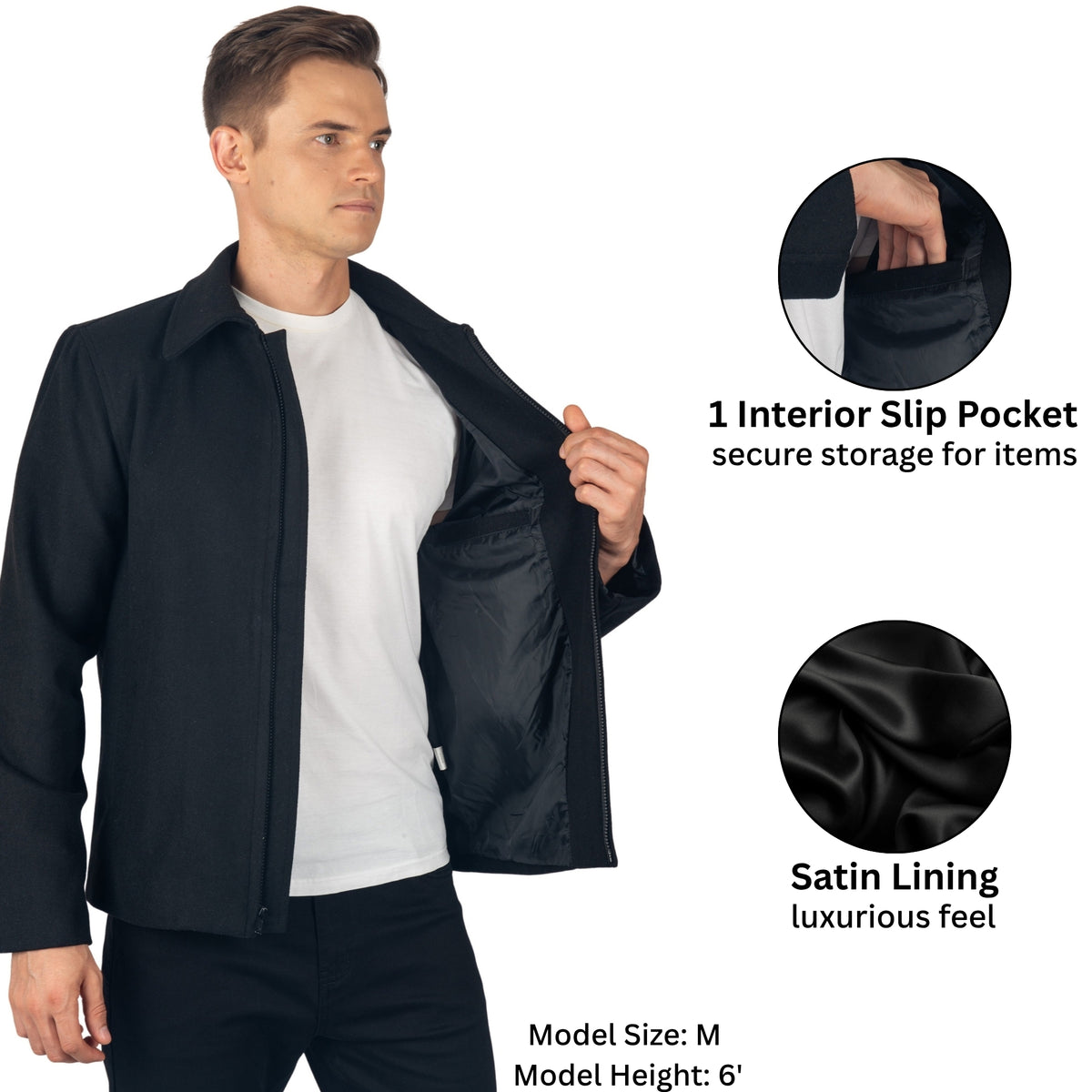 Alpine Swiss Grant Mens Jacket 28" James Dean Style Bomber with Zippered Pockets – Black