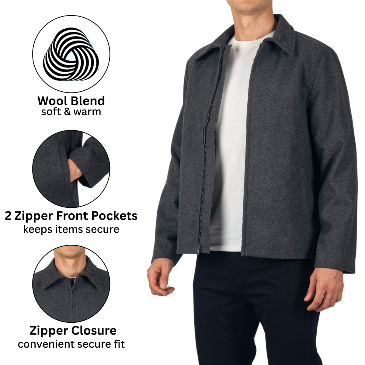 Alpine Swiss Grant Mens Jacket 28" James Dean Style Bomber with Zippered Pockets – Gray