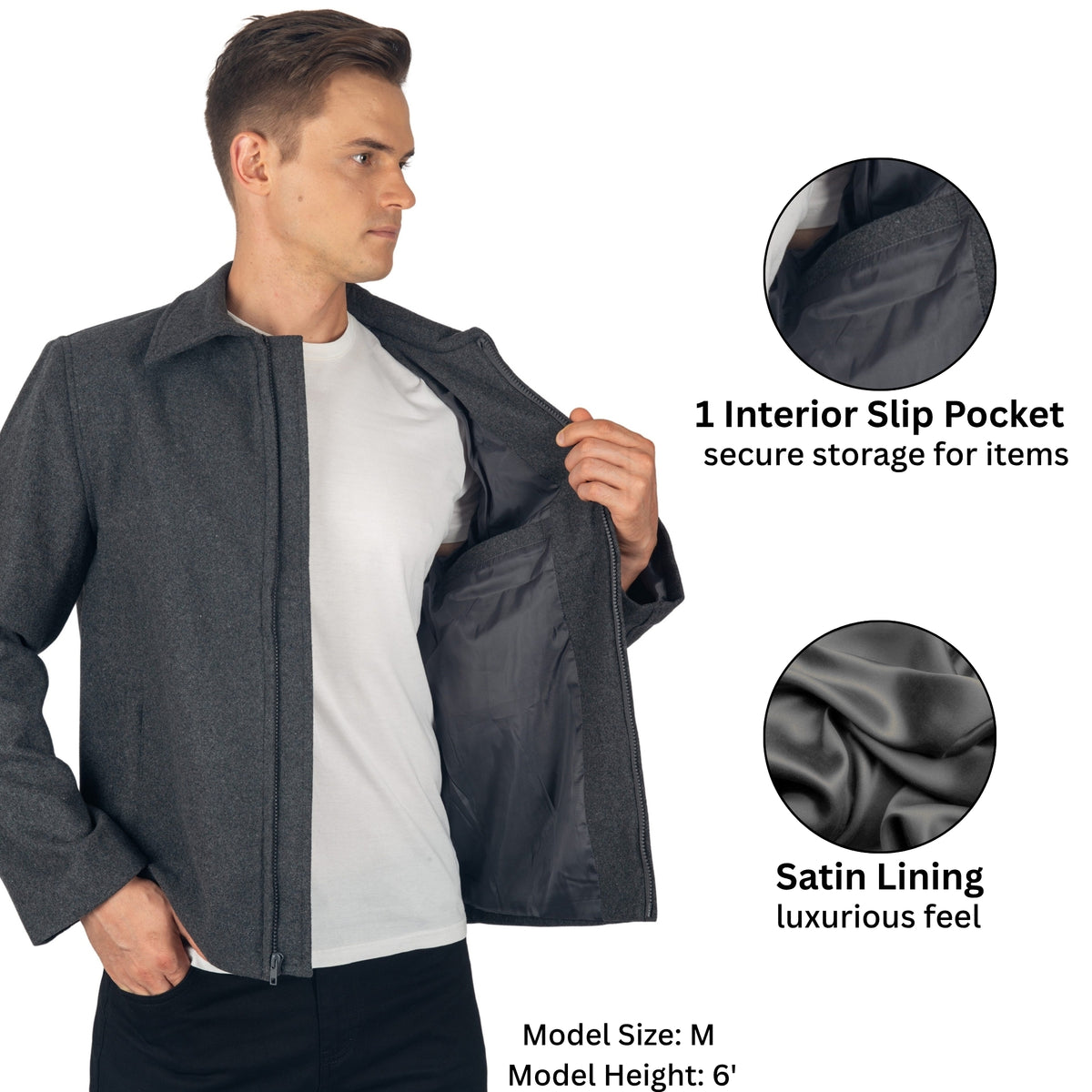 Alpine Swiss Grant Mens Jacket 28" James Dean Style Bomber with Zippered Pockets – Gray