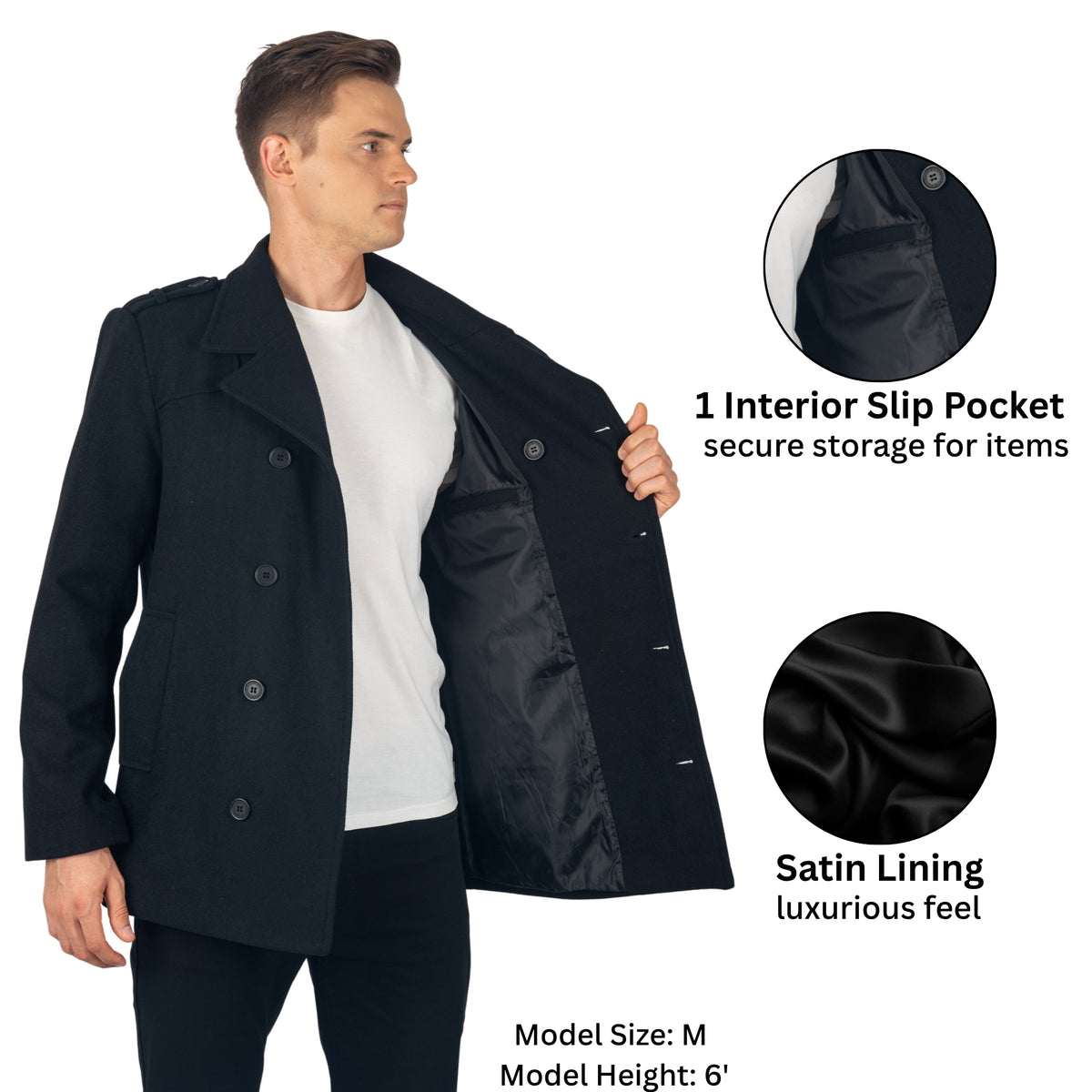 Alpine Swiss Jake Mens Pea Coat Wool Blend Double Breasted Dress Jacket Peacoat – Black