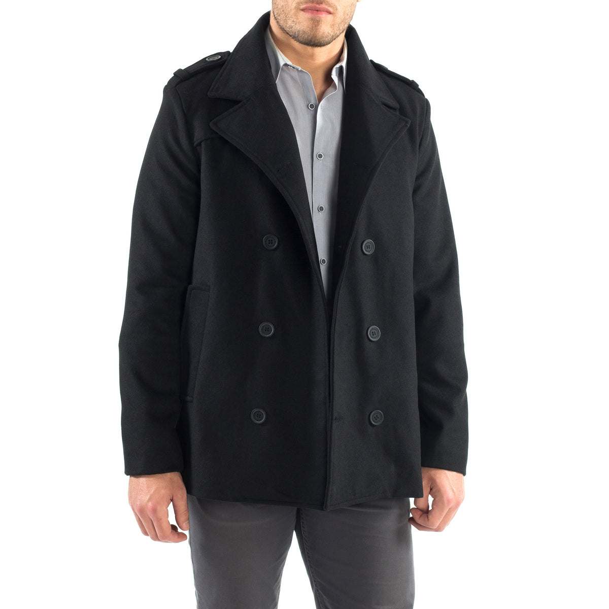 Alpine Swiss Jake Mens Pea Coat Wool Blend Double Breasted Dress Jacket Peacoat – Black