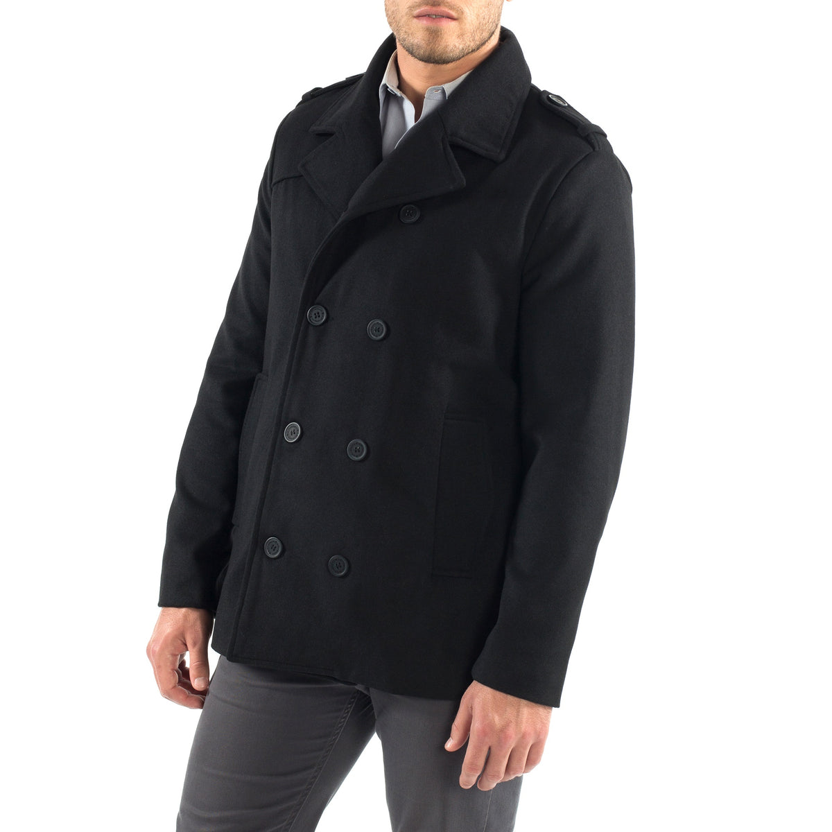 Alpine Swiss Jake Mens Pea Coat Wool Blend Double Breasted Dress Jacket Peacoat – Black
