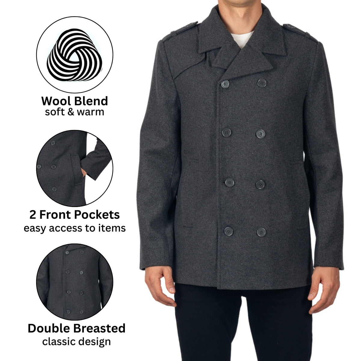 Alpine Swiss Jake Mens Pea Coat Wool Blend Double Breasted Dress Jacket Peacoat – Gray