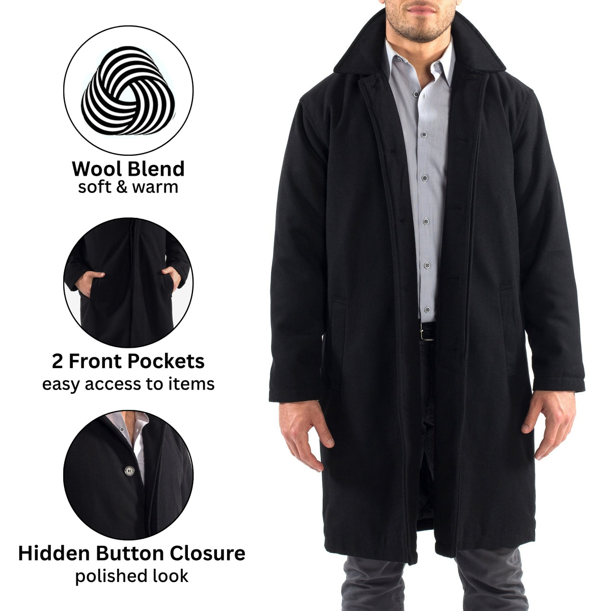 Alpine Swiss Mens Zach Knee Length Jacket Top Coat Trench Wool Blend Overcoat – Black