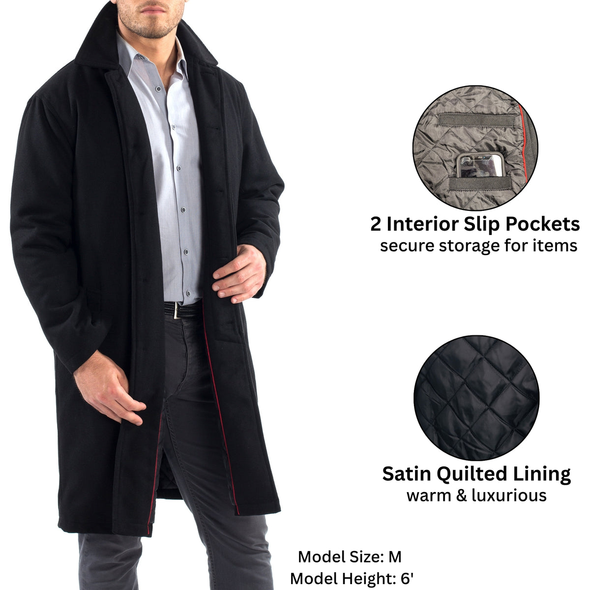 Alpine Swiss Mens Zach Knee Length Jacket Top Coat Trench Wool Blend Overcoat – Black