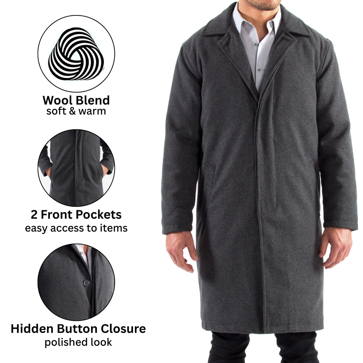 Alpine Swiss Mens Zach Knee Length Jacket Top Coat Trench Wool Blend Overcoat – Gray