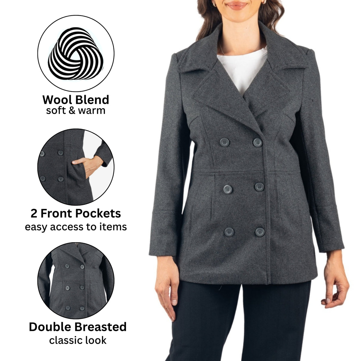 Alpine Swiss Emma Womens Peacoat Jacket Wool Blazer Double Breasted Overcoat – Gray