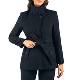 Alpine Swiss Bella Womens Belted Blazer Button Up Wool Coat Funnel Neck Jacket – Black