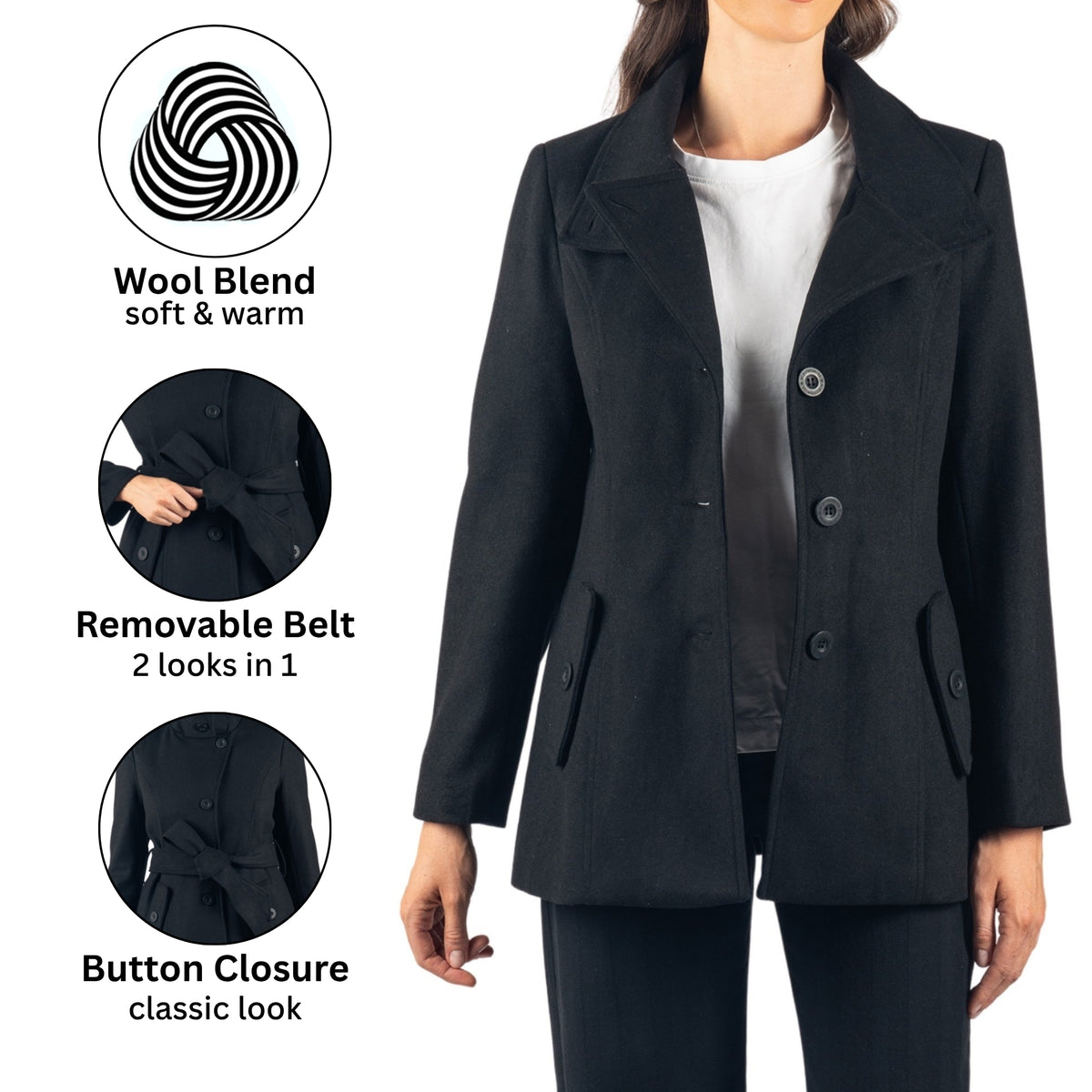Alpine Swiss Bella Womens Belted Blazer Button Up Wool Coat Funnel Neck Jacket – Black