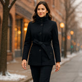 Alpine Swiss Bella Womens Belted Blazer Button Up Wool Coat Funnel Neck Jacket – Black