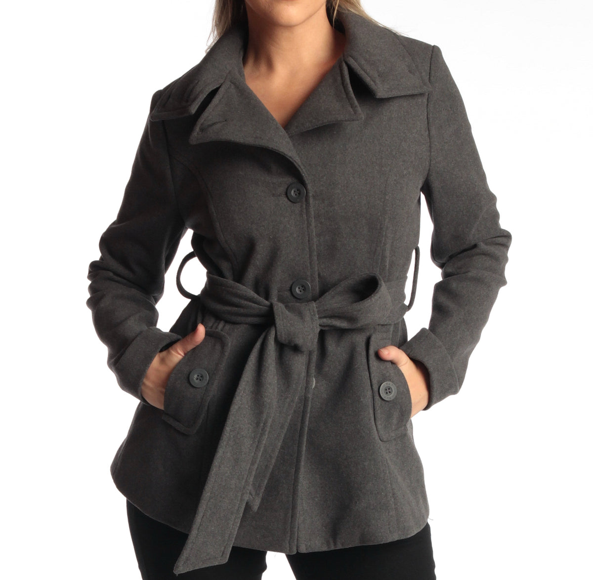 Alpine Swiss Bella Womens Belted Blazer Button Up Wool Coat Funnel Neck Jacket – Gray