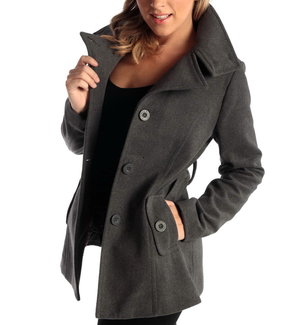Alpine Swiss Bella Womens Belted Blazer Button Up Wool Coat Funnel Neck Jacket – Gray