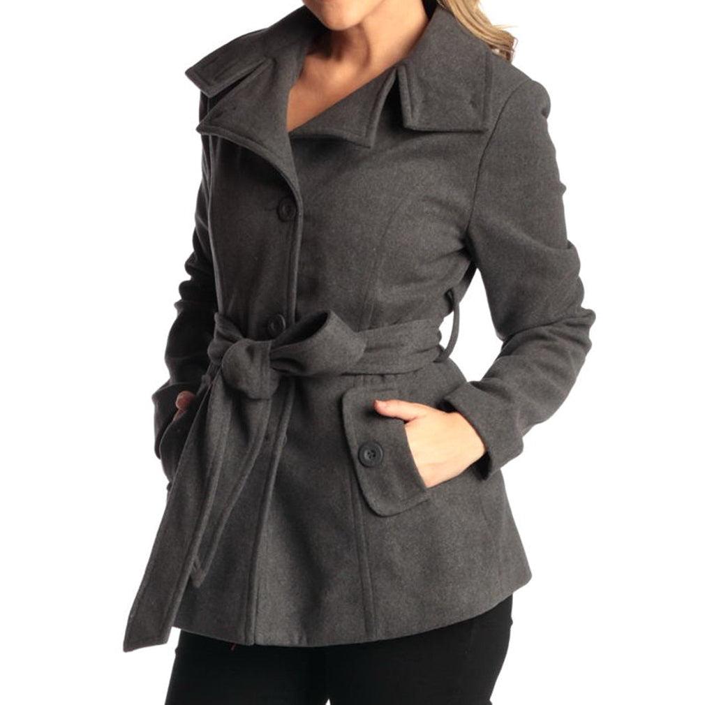Alpine Swiss Bella Womens Belted Blazer Button Up Wool Coat Funnel Neck Jacket – Gray