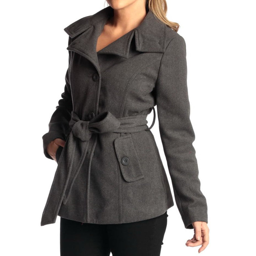 Alpine Swiss Bella Womens Belted Blazer Button Up Wool Coat Funnel Neck Jacket – Gray