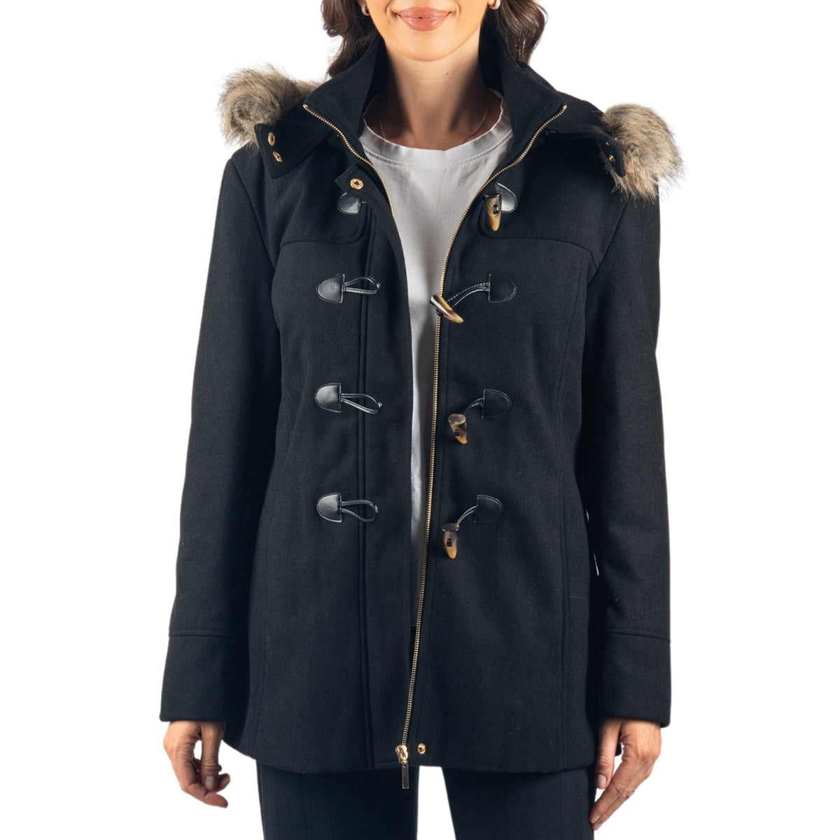 Alpine Swiss Duffy Womens Wool Duffle Coat Removable Hood Winter Toggle Overcoat – Black