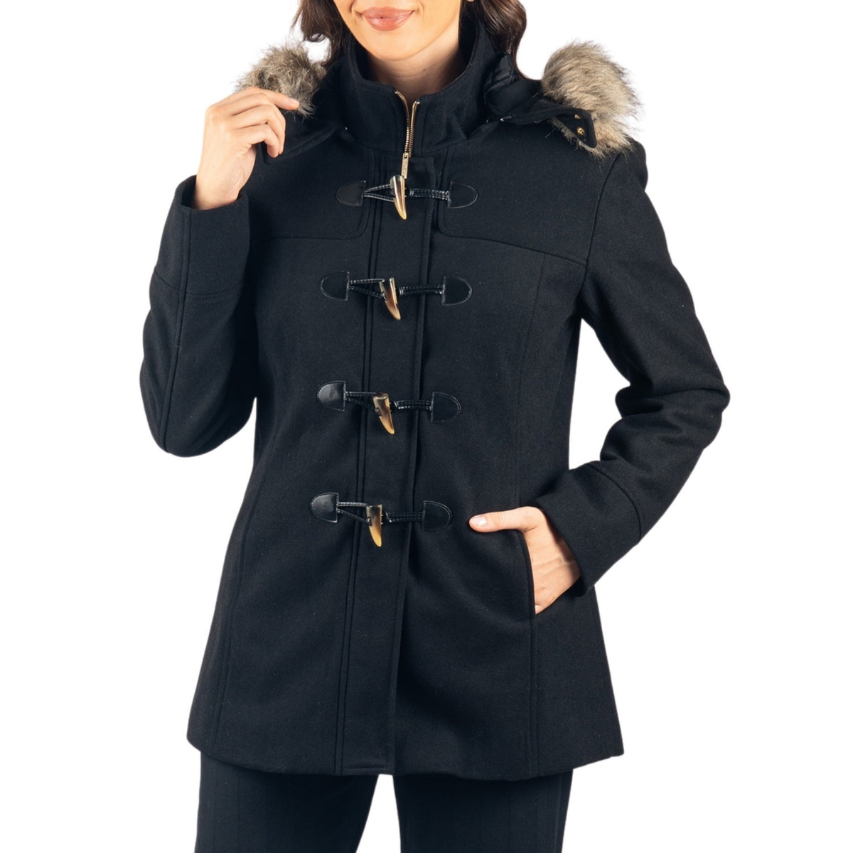Alpine Swiss Duffy Womens Wool Duffle Coat Removable Hood Winter Toggle Overcoat – Black