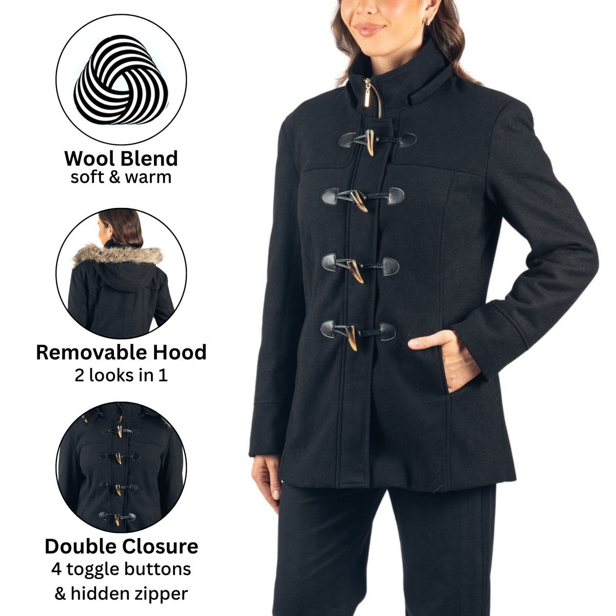 Alpine Swiss Duffy Womens Wool Duffle Coat Removable Hood Winter Toggle Overcoat – Black