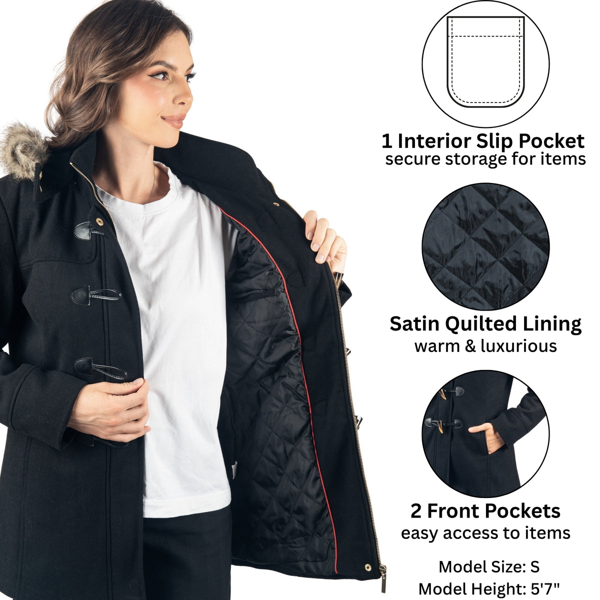 Alpine Swiss Duffy Womens Wool Duffle Coat Removable Hood Winter Toggle Overcoat – Black