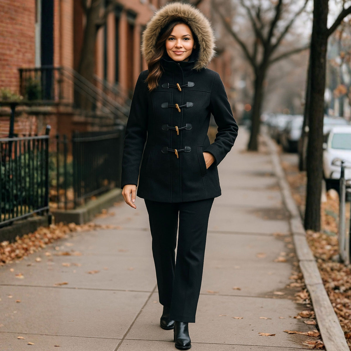 Alpine Swiss Duffy Womens Wool Duffle Coat Removable Hood Winter Toggle Overcoat – Black