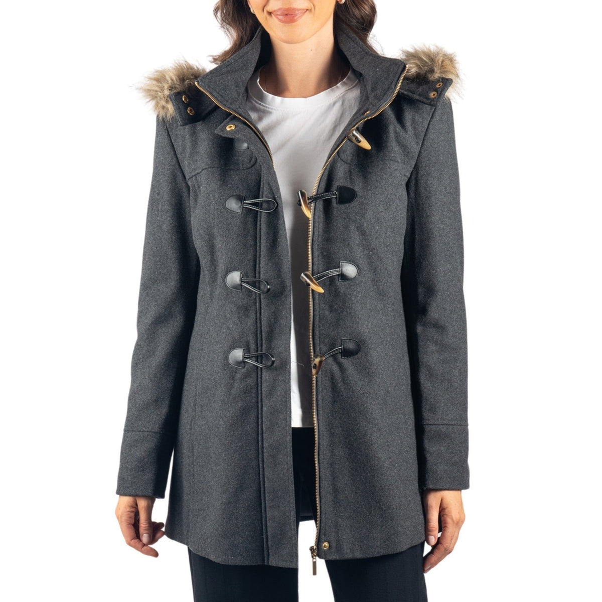 Alpine Swiss Duffy Womens Wool Duffle Coat Removable Hood Winter Toggle Overcoat – Gray
