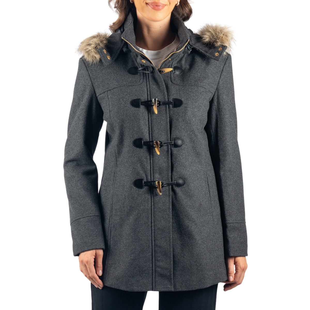 Alpine Swiss Duffy Womens Wool Duffle Coat Removable Hood Winter Toggle Overcoat – Gray