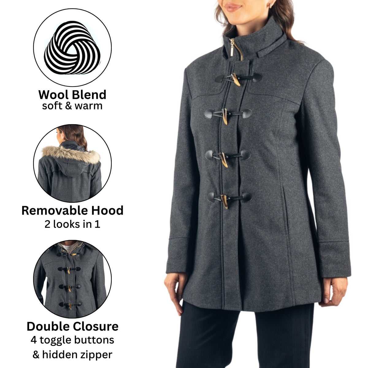 Alpine Swiss Duffy Womens Wool Duffle Coat Removable Hood Winter Toggle Overcoat – Gray
