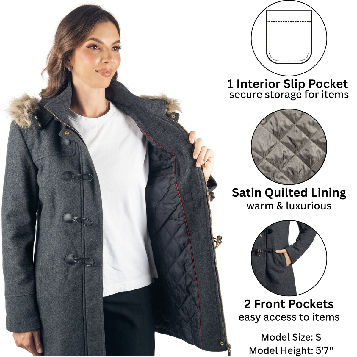 Alpine Swiss Duffy Womens Wool Duffle Coat Removable Hood Winter Toggle Overcoat – Gray
