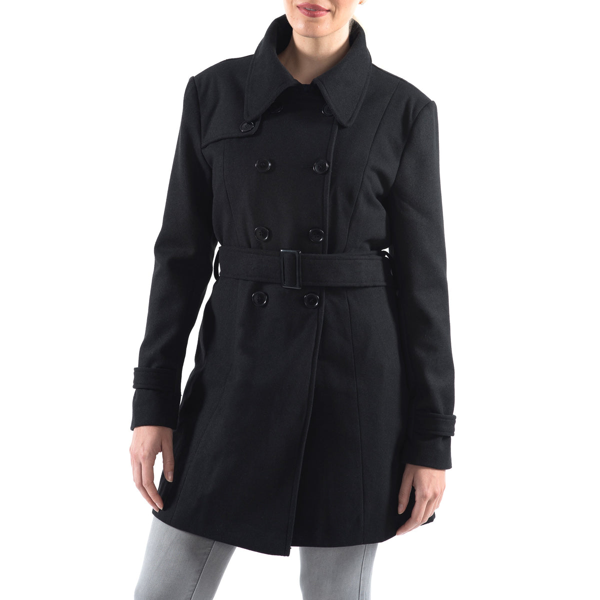 Alpine Swiss Keira Womens Trench Coat Double Breasted Wool Jacket Belted Blazer – Black
