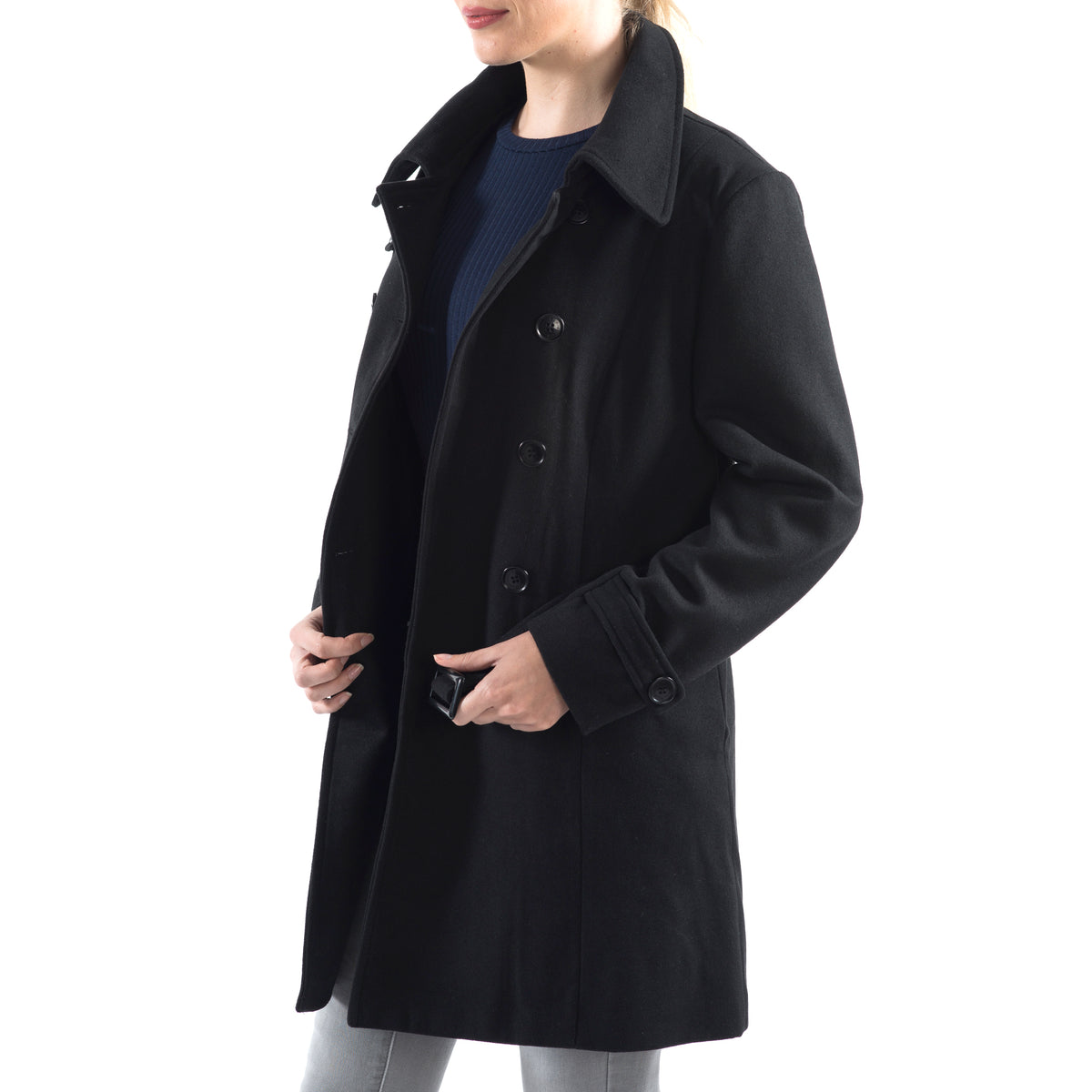 Alpine Swiss Keira Womens Trench Coat Double Breasted Wool Jacket Belted Blazer – Black
