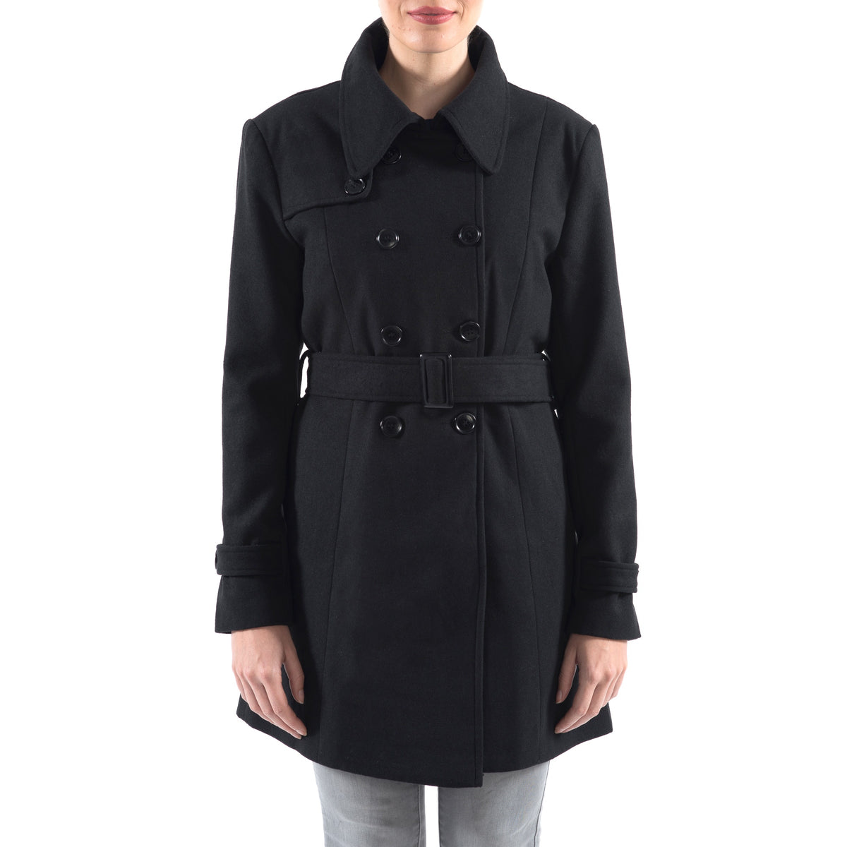 Alpine Swiss Keira Womens Trench Coat Double Breasted Wool Jacket Belted Blazer – Black