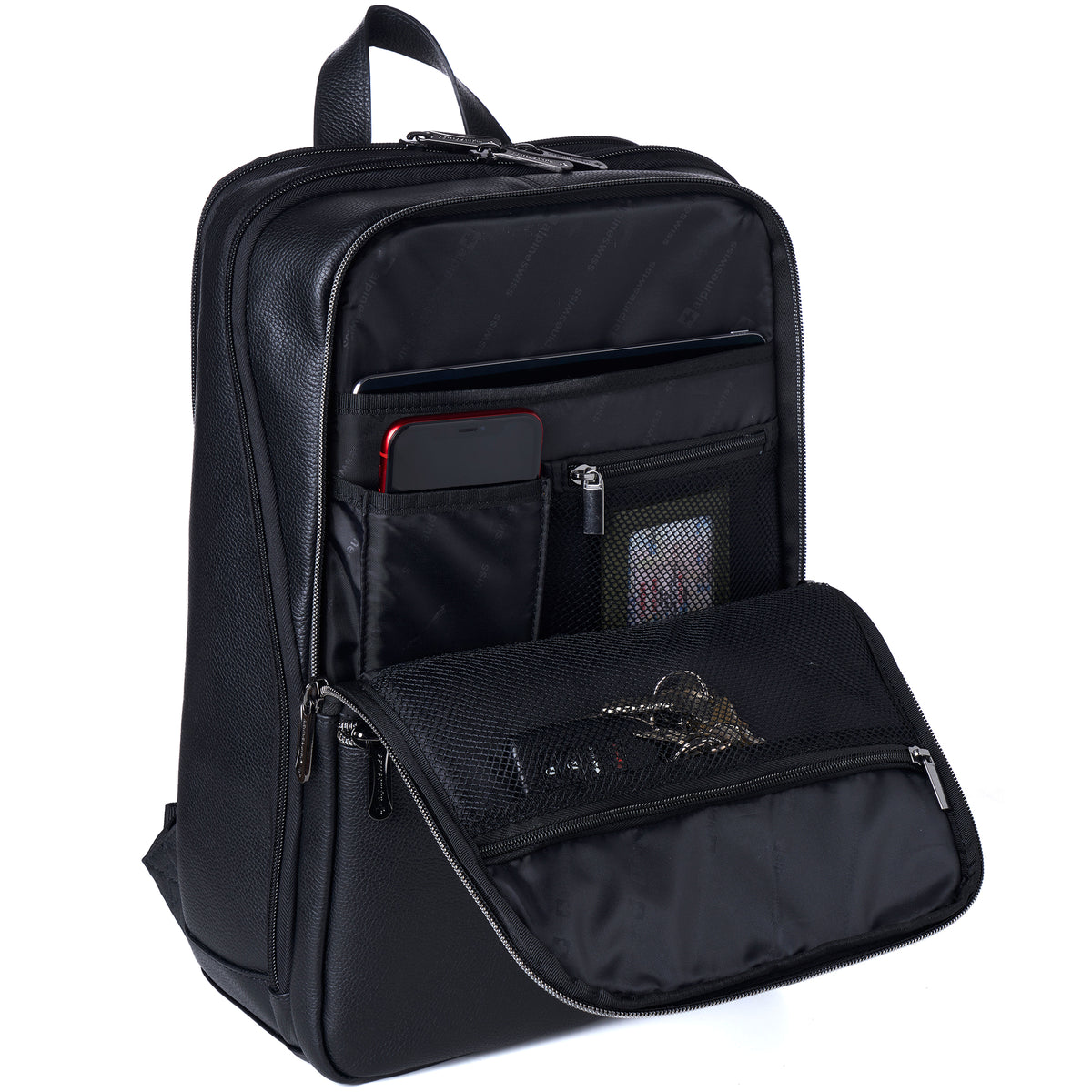 Alpine Swiss Mens Leather Laptop Backpack Travel Daypack Computer Bag Rucksack – Black