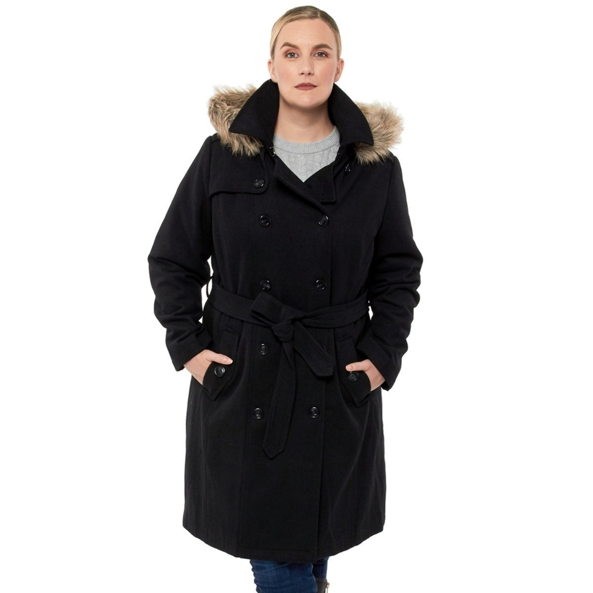 Alpine Swiss Women’s Plus Size Wool Blend Long Trench Coat with Removable Fur Hood – Black