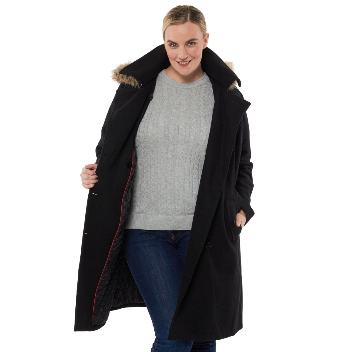 Alpine Swiss Women’s Plus Size Wool Blend Long Trench Coat with Removable Fur Hood – Black