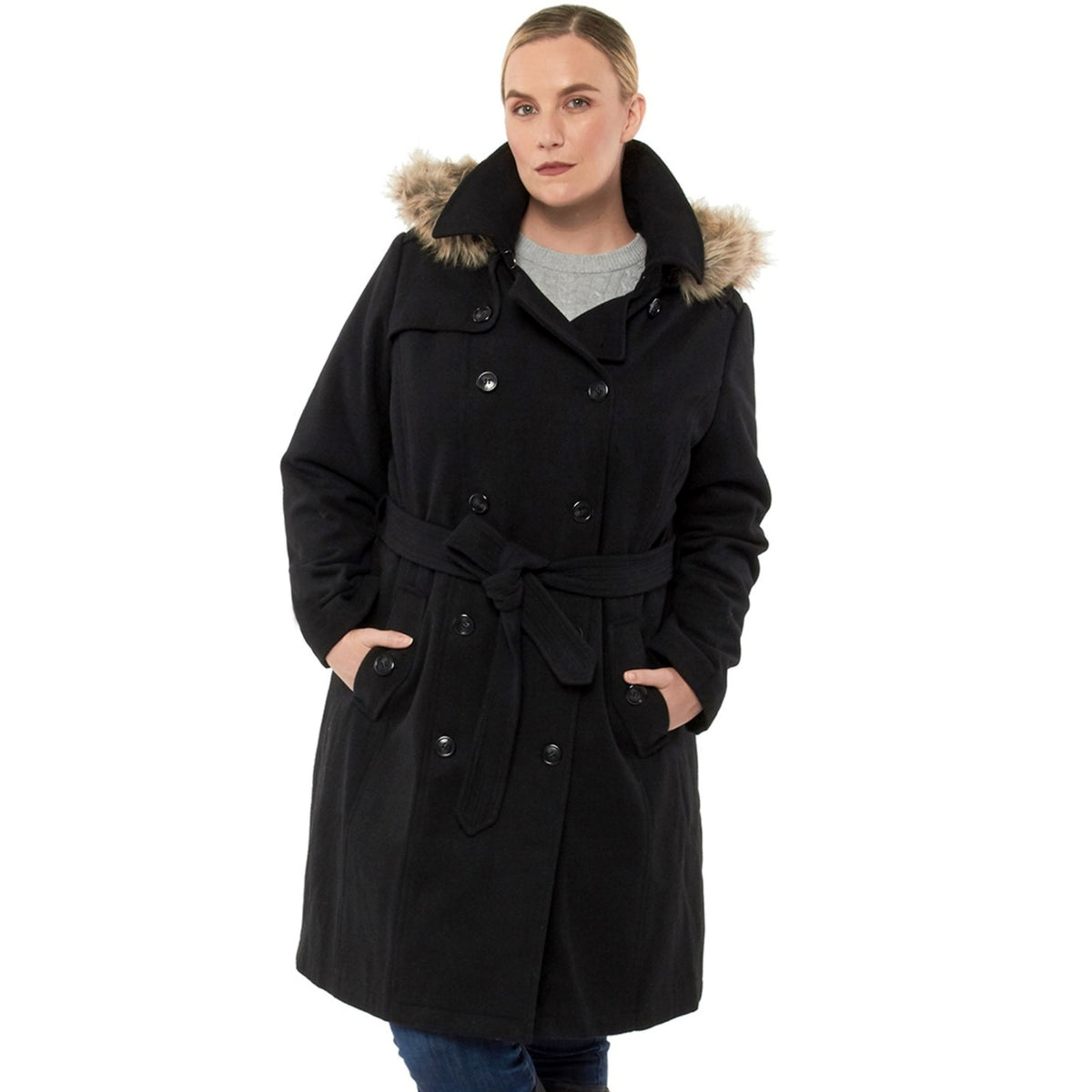 Alpine Swiss Women’s Plus Size Wool Blend Long Trench Coat with Removable Fur Hood – Black