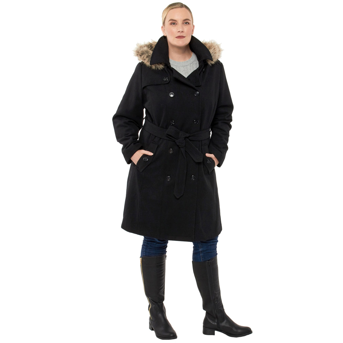 Alpine Swiss Women’s Plus Size Wool Blend Long Trench Coat with Removable Fur Hood – Black