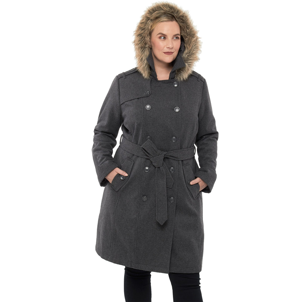 Alpine Swiss Women’s Plus Size Wool Blend Long Trench Coat with Removable Fur Hood – Gray