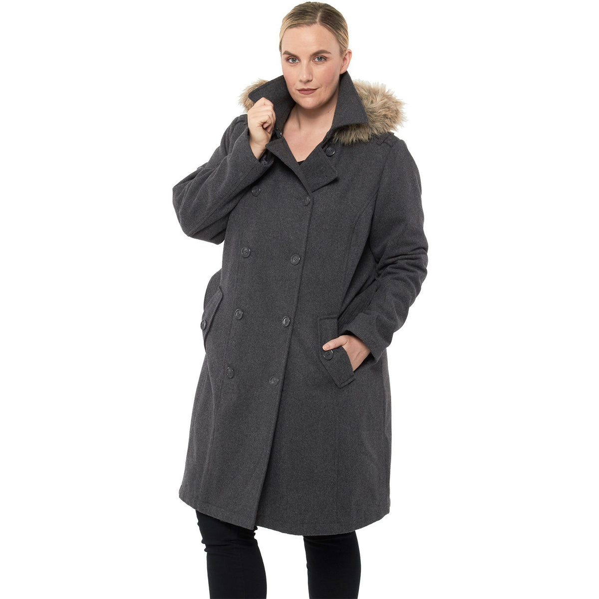 Alpine Swiss Women’s Plus Size Wool Blend Long Trench Coat with Removable Fur Hood – Gray