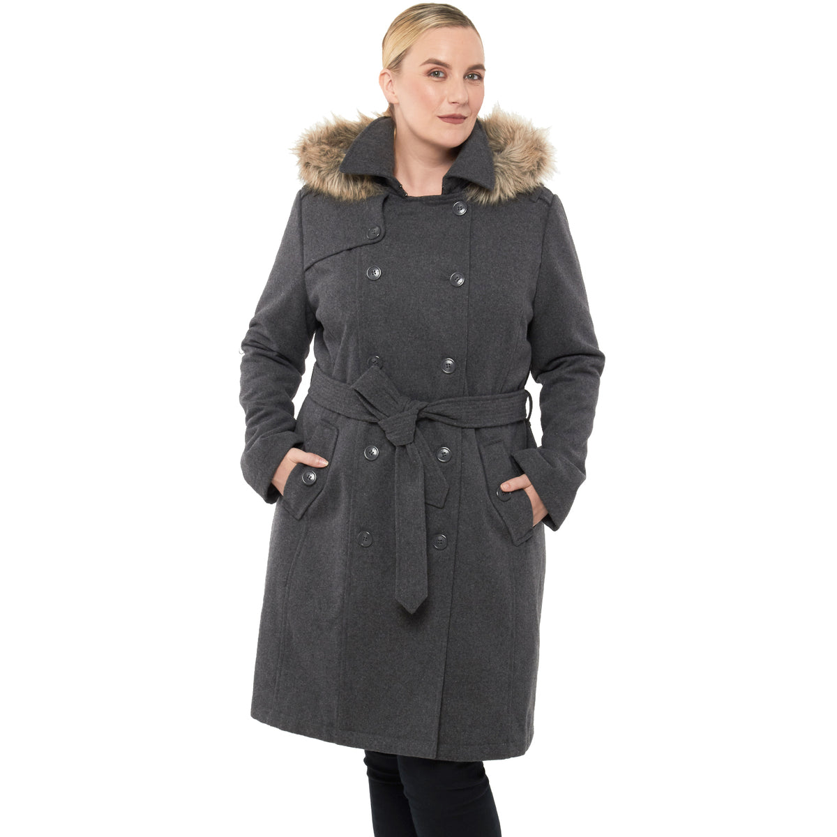 Alpine Swiss Women’s Plus Size Wool Blend Long Trench Coat with Removable Fur Hood – Gray
