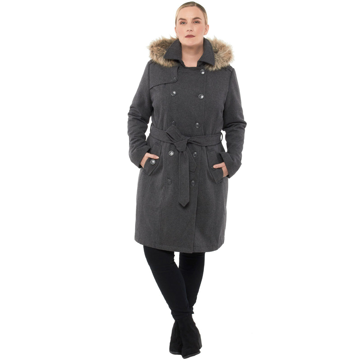 Alpine Swiss Women’s Plus Size Wool Blend Long Trench Coat with Removable Fur Hood – Gray