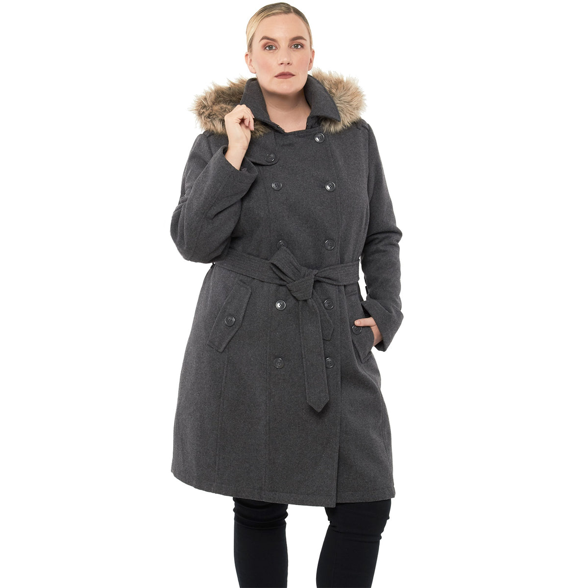 Alpine Swiss Women’s Plus Size Wool Blend Long Trench Coat with Removable Fur Hood – Gray