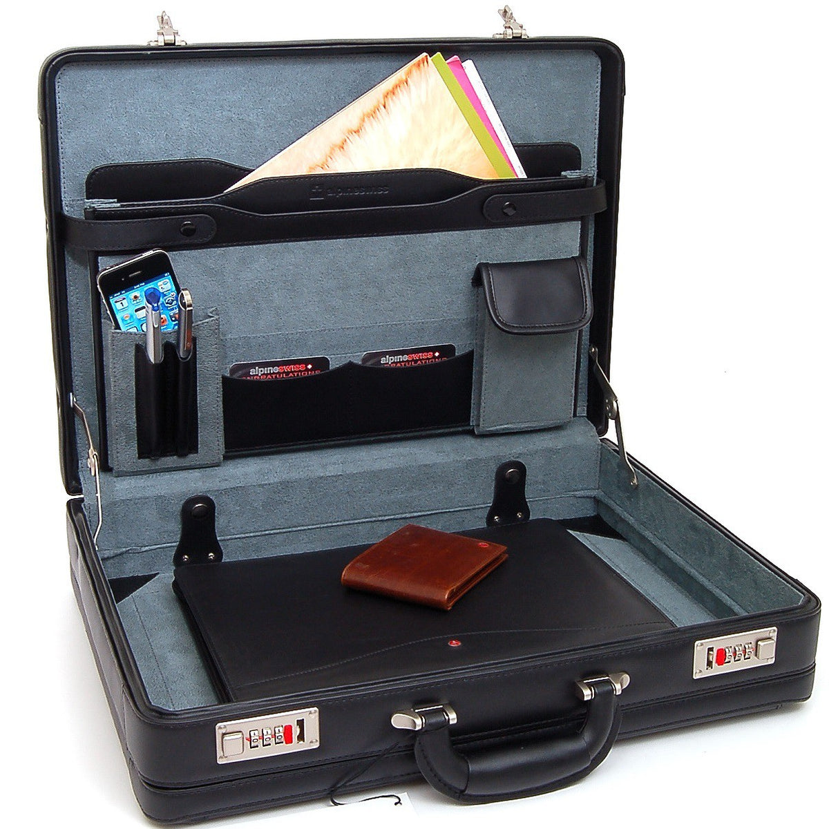 Alpine Swiss Mens Briefcase Expandable Genuine Leather Attache Briefcase For Men – Black