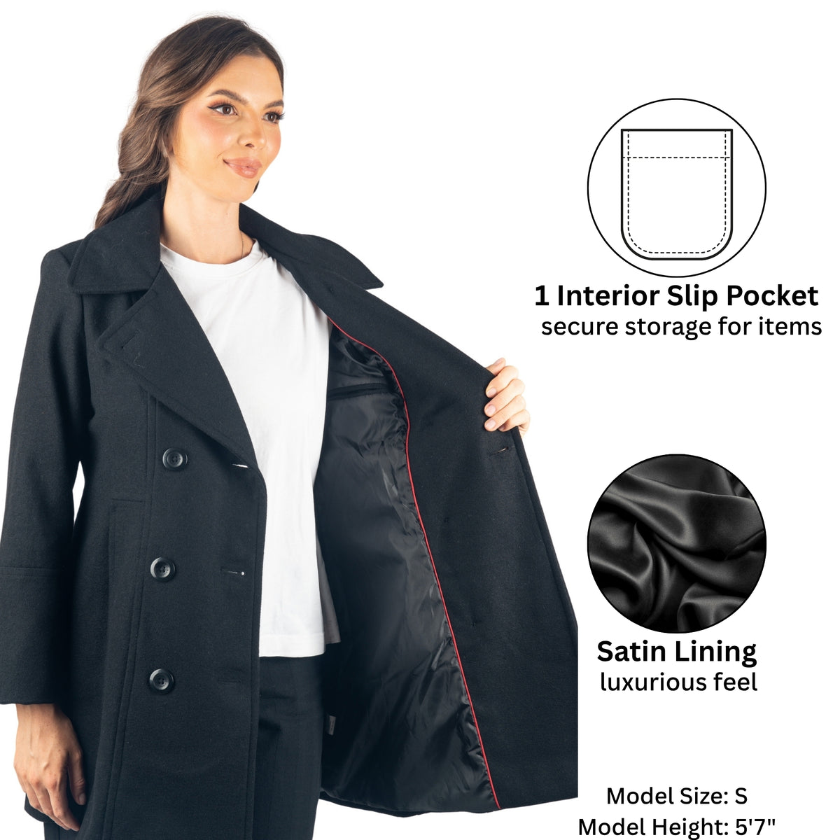 Alpine Swiss Norah Womens Wool Peacoat Classic Double Breasted Coat – Black