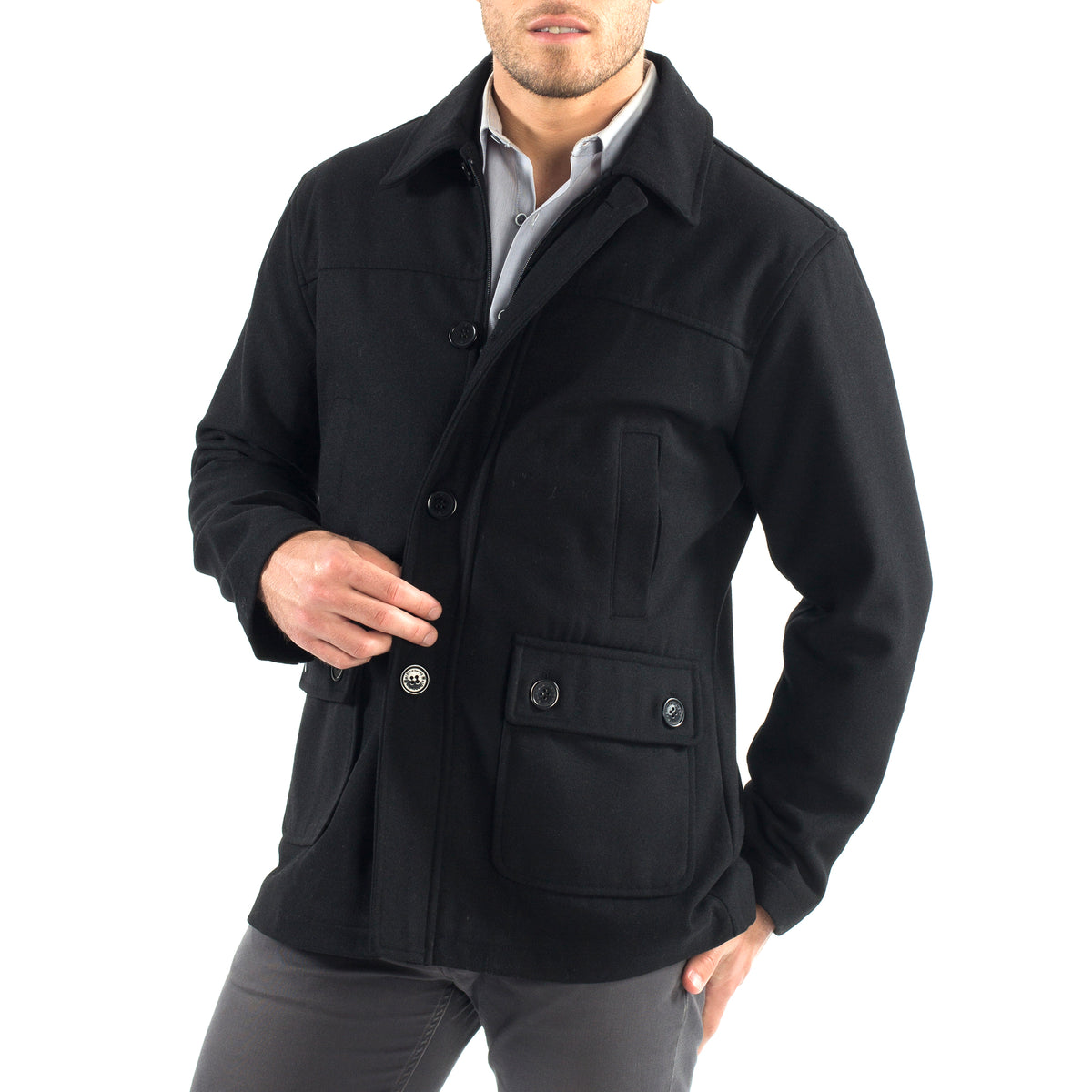 Alpine Swiss Wyat Mens Wool Blend Classic Barn Coat Cargo Pocket Military Jacket – Black