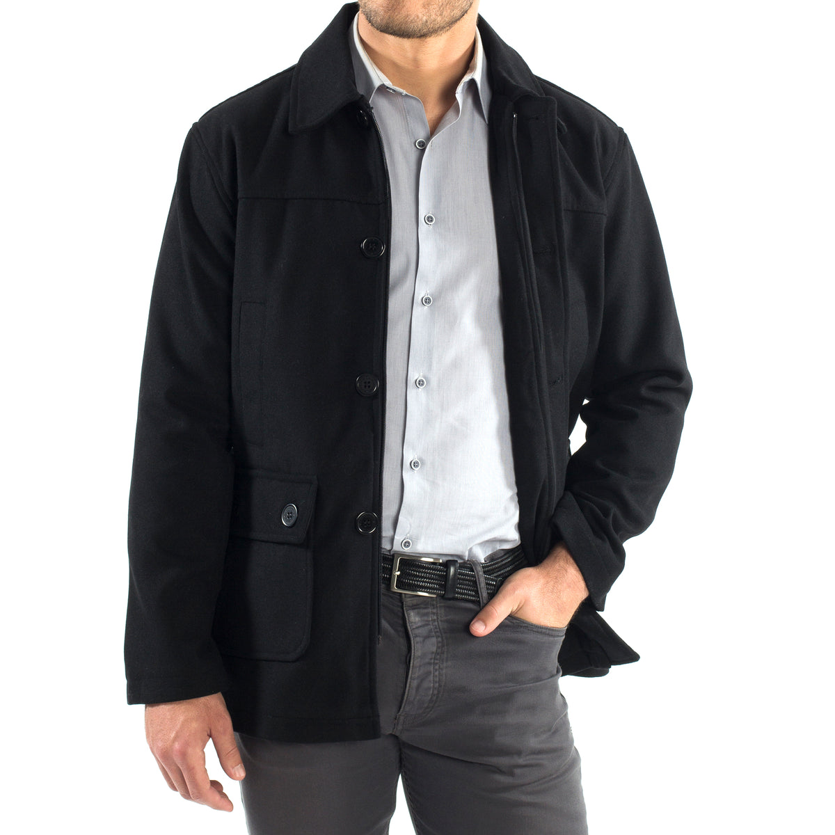 Alpine Swiss Wyat Mens Wool Blend Classic Barn Coat Cargo Pocket Military Jacket – Black