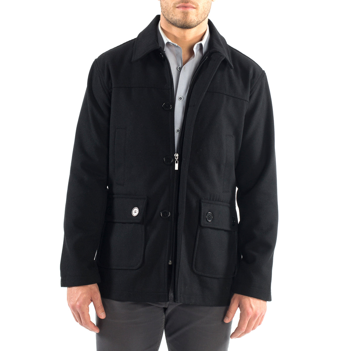 Alpine Swiss Wyat Mens Wool Blend Classic Barn Coat Cargo Pocket Military Jacket – Black