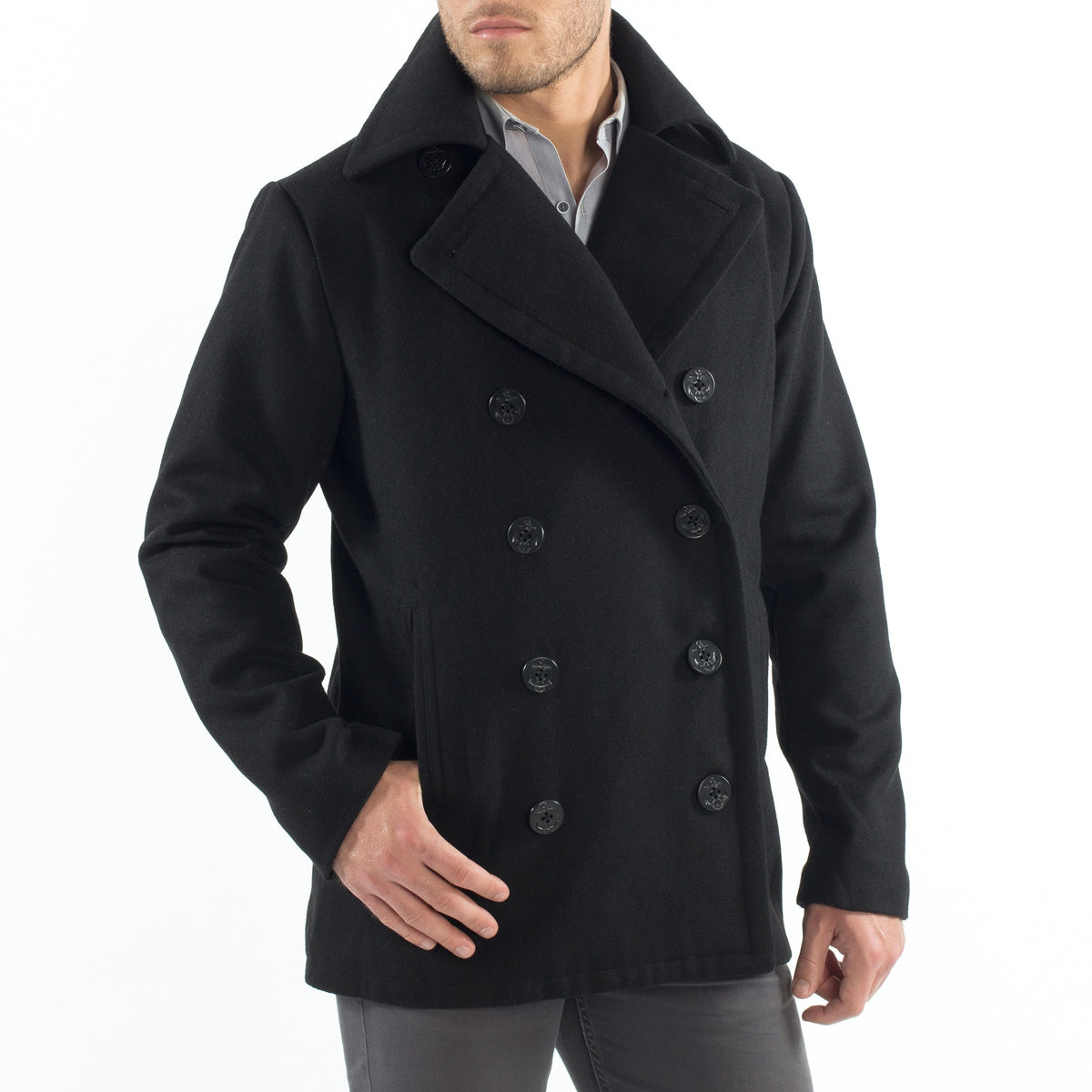 Alpine Swiss Mason Mens Wool Blend Pea Coat Classic Double Breasted Winter Coat Warm – Black