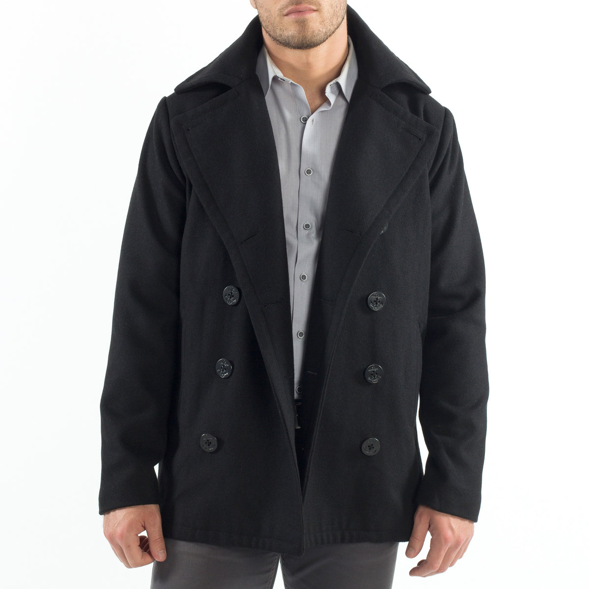 Alpine Swiss Mason Mens Wool Blend Pea Coat Classic Double Breasted Winter Coat Warm – Black