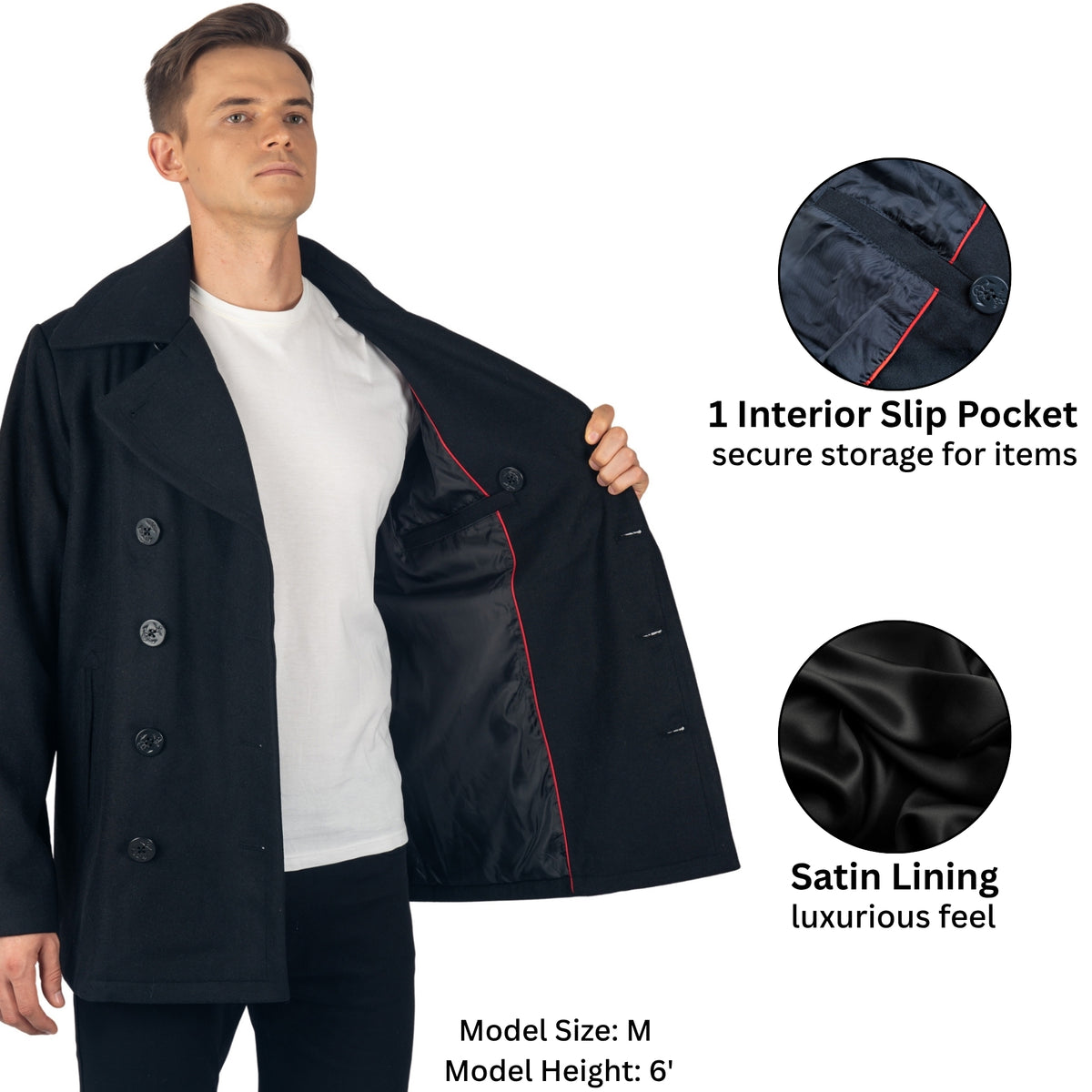 Alpine Swiss Mason Mens Wool Blend Pea Coat Classic Double Breasted Winter Coat Warm – Black