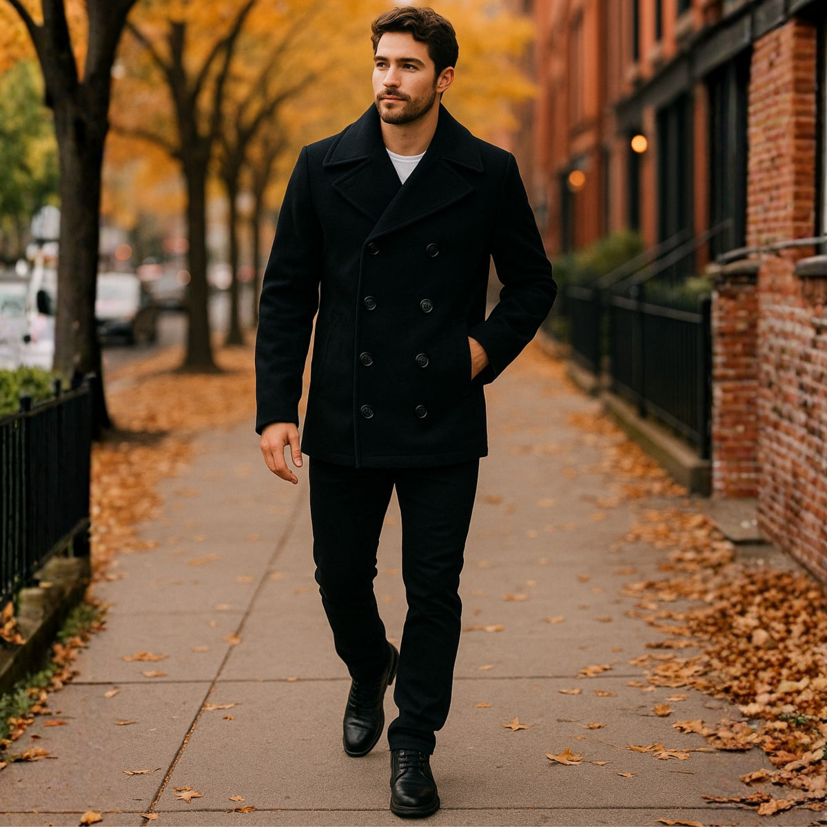 Alpine Swiss Mason Mens Wool Blend Pea Coat Classic Double Breasted Winter Coat Warm – Black